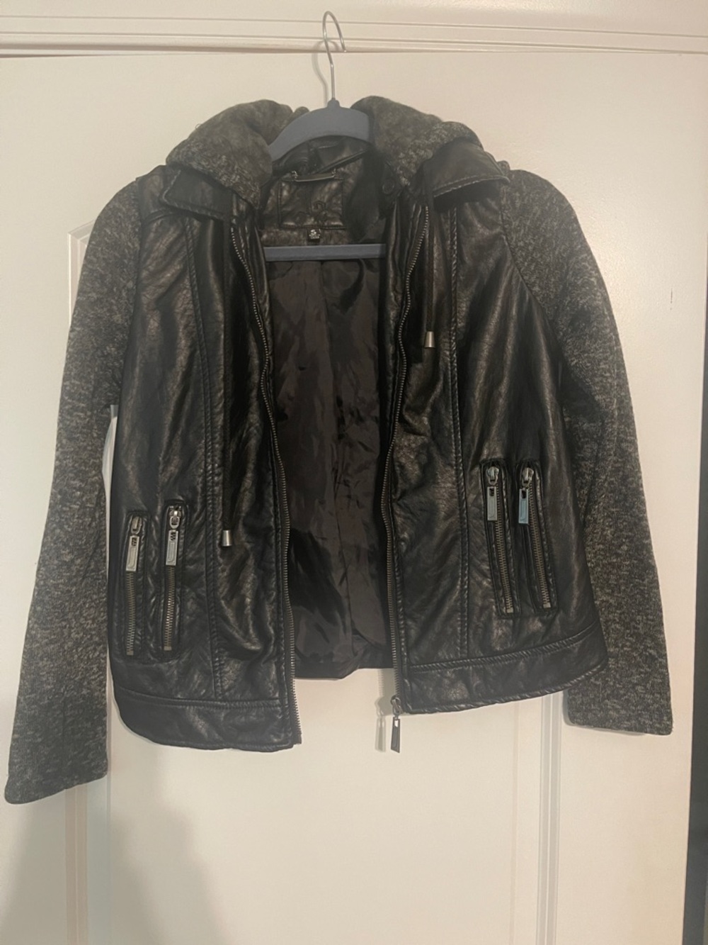 Forever 21 Black Faux Leather Jacket with Gray Knit Sleeves